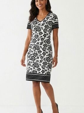 Talbots Black & White Floral V-Neck Midi Dress